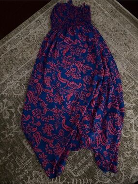 Sleeveless Royal Blue Maxi Dress with Coral Pink Floral Print